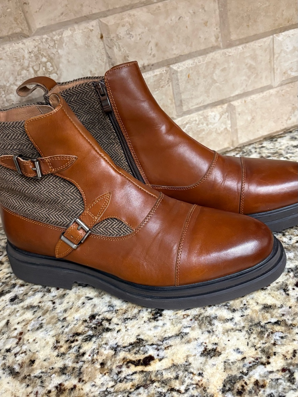 Men's Leather Ankle Boots in Cognac with Herringbone Panel